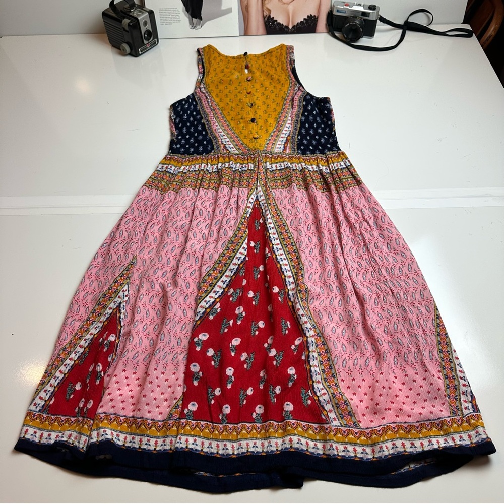 Patrons of Peace Patchwork Boho Mini Dress |Festival Prairie Cottagecore Rayon S - Picture 6 of 13